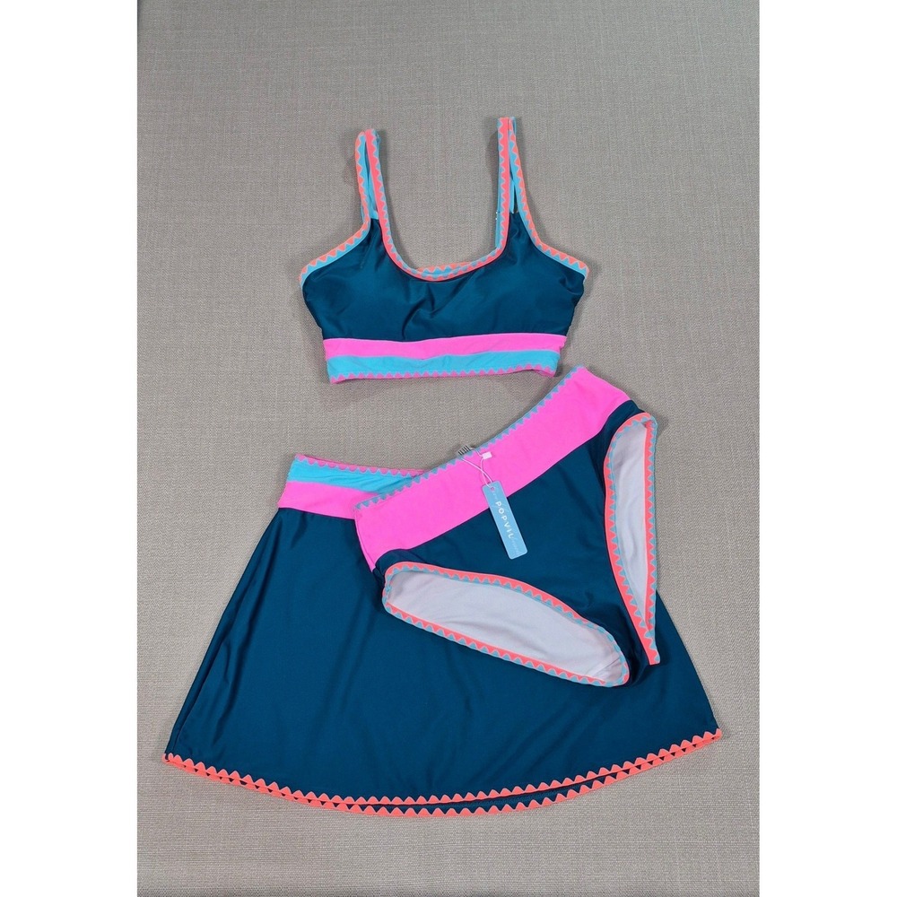 Popvil 3 Piece Swimsuit Set Teal Pink Scalloped Bikini and Swim Skirt New Size L